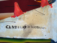 Mexican vintage folk art, and Mexican vintage pottery and ceramics, an amazing pottery jumbo jet with 13 very happy passengers, signed under one wing by the famous folk artist, Candelario Medrano, Santa Cruz de las Huertas, Jalisco, c. 1960's.  Photo showing Candelario Medrano's signature, under one wing of the airplane.
