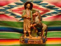 Mexican vintage folk art, and Mexican vintage pottery and ceramics, a wonderful pottery figure of a Mexican paisano and his trusty quarter-horse, leaning against a tree stump, originally meant to be an ash tray, Tlaquepaque or Tonala, Jalisco, c. 1930's. Main photo of the Tlaquepaque pottery figurine.