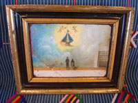 Mexican vintage devotional art, and Mexican vintage tinwork art, a wonderful exvoto painted on tin and in a beautiful wooden frame. c. 1930's. Main photo of the exvoto.
