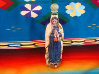 Mexican vintage pottery and ceramics, a lovely pottery bottle depicting Our Lady of Guadalupe, Tonala or San Pedro Tlaquepaque, c. 1940's.  Main photo of the front of the bottle.