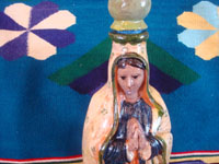 Mexican vintage pottery and ceramics, a lovely pottery bottle depicting Our Lady of Guadalupe, Tonala or San Pedro Tlaquepaque, c. 1940's.  Closeup photo of Our Lady's lovely face.