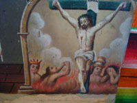 Mexican vintage devotional art, and vintage Mexican tinwork art, a beautifully painted exvoto, painted on tin, depicting Animas (souls in Purgatory) and a woman praying to the Crucified Christ on their behalf, that they be granted entrance to Heaven, Mexico, c. 1900. 