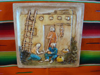 Native American Indian vintage folk art, a chalk-art plaque depicting a scene from Hopi village life, c. 1940's. Main photo of the plaque.