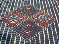 Mexican classic textiles and Saltillo serapes (sarapes), a beautiful classic aggregate-diamond Saltillo serape with an indigo blue background and yarns of black, white, red, and magenta, c. 1890. Closeup photo of the center medallion.