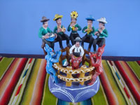 Mexican vintage folk art, a wonderful Ocumicho pottery scene of a lively rodeo, complete with a bull-rider, musicians, and fans, Ocumicho, Michoacan, c. 1980's. Main photo of the piece.