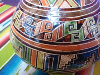 Mexican vintage pottery and ceramics, a very beautiful pottery water jar with a wonderful geometric Aztec design, Tonala or San Pedro Tlaquepaque, c. 1940.  Closeup photo of some of the geometric Aztec designs.
