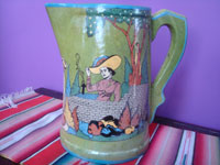 Mexican vintage pottery and ceramics, a very beautiful pottery pitcher with a wonderful apple-green background glaze and excellent artwork, San Pedro Tlaquepaque or Tonala, Jalisco, c. 1930's. Photo of the lovely senorita.