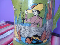 Mexican vintage pottery and ceramics, a very beautiful pottery pitcher with a wonderful apple-green background glaze and excellent artwork, San Pedro Tlaquepaque or Tonala, Jalisco, c. 1930's. Closeup photo of the senorita.