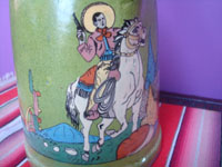 Mexican vintage pottery and ceramics, a very beautiful pottery pitcher with a wonderful apple-green background glaze and excellent artwork, San Pedro Tlaquepaque or Tonala, Jalisco, c. 1930's. Closeup photo of the Charro on his horse.