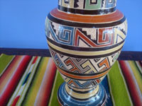 Mexican vintage pottery and ceramics, a lovely petatillo (background of fine cross-hatching resembling a straw mat, or petate, in Spanish), not signed but very possibly from the famous Lucano workshop, Tonala, c. 1930's. Closeup photo of a part of the vase showing the geometric Aztec decorations.