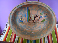 Mexican vintage pottery and ceramics, a large Tlaquepaque pottery bowl with wonderful artwork including a burro with a heavy load of sugar cane amidst lovely cacti, Tonala or Tlaquepaque, Jalisco, c. 1940's. Main photo of the bowl.