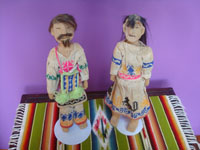 Mexican vintage folk art, a pair of carved wooden figures in traditional Huichol costumes, Nayarit, c. 1950's. Main photo of the Huicho carvings.