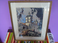 Mexican and North American fine art, a beautiful vintage print from an original pastel by artist Dan Masefield, depicting the Santa Barbara mission, c. 1931. Main photo of the print.