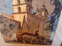 Mexican and North American fine art, a beautiful vintage print from an original pastel by artist Dan Masefield, depicting the Santa Barbara mission, c. 1931. Closeup photo of the mission.