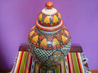 Mexican vintage pottery and ceramics, a wonderful large talavera pottery lidded jar with beautiful artwork, Guanajuato, c. 1970. Main photo of the pottery talavera jar.