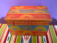 Guatemalan folk art and woodcarvings, a beautiful wooden "keep-sake" box with wonderul geometrical decorations, Guatemala, c. 1950. Main photo of the box.