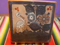 Mexican vintage folk art, a beautiful pair of tiles by master artist Amado Galvan, Tonala, c. 1950 or earlier. Closeup photo of one tile.