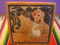 Mexican vintage folk art, a beautiful pair of tiles by master artist Amado Galvan, Tonala, c. 1950 or earlier. Closeup photo of the second tile.