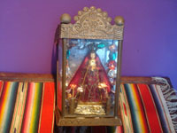 Mexican vintage devotional art, a beautiful statue of Our Lady of the Soledad, the patroness of Oaxaca, in a wonderful tin and glass nicho, c. 1950's. Main photo of the nicho and Virgen.