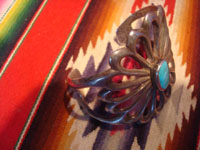 Native American Indian vintage sterling silver jewelry, and Navajo vintage sterling silver jewelry, a beautiful silver and turquoise sandcast bracelet with exceptional silverwork, Arizona or New Mexico, c. 1950's.  Another side view of the bracelet.