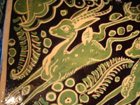 Mexican vintage pottery and ceramics, a rectangular Fantasia dish with wonderful deer, from Tonala or Tlaquepaque, c. 1930. A second closeup photo showing one of the deer on the Fantasia dish.