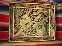 Mexican vintage pottery and ceramics, a rectangular Fantasia dish with wonderful deer, from Tonala or Tlaquepaque, c. 1930. Main photo.
