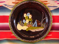 Mexican vintage pottery and ceramics, a blackware plate with wonderful artwork from Tlaquepaque, Jalisco, c. 1930-40's. The plate has a beautiful border and a scene of a lovely house amidst plants and cacti. This is the third Tlaquepaque plate of three, all probably by the same great artist. Main photo.