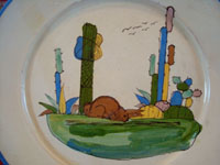 Mexican vintage pottery and ceramics, a plate with a lovely bunny and a wonderful beige background, Tlaquepaque, Jalisco, c. 1940's. The artwork is crisp and very wonderful! Photo of the central scene on the plate.