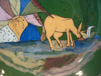Mexican vintage pottery and ceramics, a lovely green-ware plate with a graceful deer amidst foliage, Tlaquepaque, Jalisco, c. 1930's. Closeup of the deer.