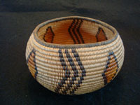 Native American Indian antique basket, a very rare and beautiful Chemehuevi basket in the shape of a graceful bowl, polychrome, and very finely woven, probably from the area near Needles, CA, and Parker, AZ, along the Colorado River, c. 1920. Main photo of the Indian basket.