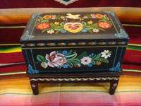 Mexican vintage folk art, and Mexican vintage woodcarvings and masks, a lovely wooden laquer-ware keepsake box with beautiful hand-painted decorations, Olinala, c. 1950's. Main photo of the box.