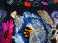 Mexican vintage textiles, serapes (sarapes) and huipiles, a stunning dress ensemble (blouse and matching skirt), beautifully embroidered and with needlepoint at borders, Chiapa de Corzo, Chiapas, c. 1940. Closeup photo of the fine embroidery.