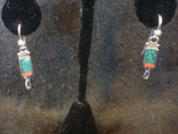 Native American Indian vintage sterling silver jewelry, and Navajo silver jewelry, a beautiful pair of earrings by the famous Benally brothers, with wonderful turquoise and spiny oyster, Navajo, Arizona or New Mexico, c. 1940's. Main photo of the pair of earrings.