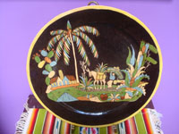 Mexican vintage pottery and ceramics, a stunningly beautiful black-ware charger with wonderful and very crisp artwork decorating the front, Tonala or San Pedro Tlaquepaque, c. 1930's. Main photo of the front of the charger.