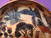 Mexican vintage pottery and ceramics, a beautiful pottery petatillo skillet with fabulous artwork, signed by the famous Balbino Lucano, San Pedro Tlaquepaque, c. 1940's. Closeup photo of the top part of the skillit.