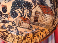 Mexican vintage pottery and ceramics, a beautiful pottery petatillo skillet with fabulous artwork, signed by the famous Balbino Lucano, San Pedro Tlaquepaque, c. 1940's. Closeup of the central part of the skillet, showing a rural house amidst plants and birds.