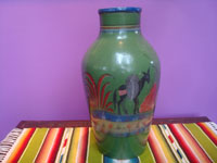 Mexican vintage pottery and ceramics, a lovely pottery vase with a wonderful green background and beautiful artwork, Tonala or San Pedro Tlaquepaque, c. 1930's. Main photo of the vase.