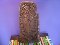 Mexican vintage devotional art and folk art, a wonderful Tarahumara carving of Our Lady of Guadalupe, northern Mexico, c. 1980's.  Main photo of the carving of Our Lady of Guadalupe.