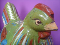Mexican vintage pottery and ceramics, a wonderful lidded pottery casserole in the form of a nesting hen, Tonala or San Pedro Tlaquepaque, c. 1940's. Closeup photo of the hen''s head.
