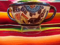Mexican vintage pottery and ceramics, a beautiful petatillo bowl with two handles and scenes of a donkey and graceful herons, attributed to Balbino Lucano late in his life, Tonala, c. 1940. Main photo of bowl.