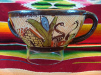 Mexican vintage pottery and ceramics, a beautiful petatillo bowl with two handles and scenes of a donkey and graceful herons, attributed to Balbino Lucano late in his life, Tonala, c. 1940. Photo of second side of bowl.