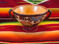 Mexican vintage pottery and ceramics, a beautiful petatillo bowl with two handles and scenes of a donkey and graceful herons, attributed to Balbino Lucano late in his life, Tonala, c. 1940. Photo showing inside of bowl.