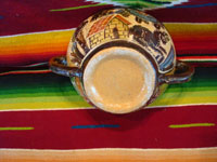 Mexican vintage pottery and ceramics, a beautiful petatillo bowl with two handles and scenes of a donkey and graceful herons, attributed to Balbino Lucano late in his life, Tonala, c. 1940. Photo of the bottom of bowl.