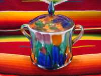 Mexican vintage pottery and ceramics, a lovely drip-ware lidded bowl, often referred to as Mexican majollica, Oaxaca, c. 1930's. The glaze, which appears to be "dripped" over the bowl, is thick and very rich. Main photo of dripware bowl.
