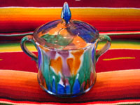 Mexican vintage pottery and ceramics, a lovely drip-ware lidded bowl, often referred to as Mexican majollica, Oaxaca, c. 1930's. The glaze, which appears to be "dripped" over the bowl, is thick and very rich. Another photo of the bowl.