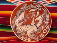 Mexican vintage pottery and ceramics, a lovely charger with a terra-cotta background and two fantasia-style birds, Tlaquepaque, Jalisco, c. 1940's. Main photo of charger.