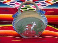 Mexican vintage pottery and ceramics and Mexican vintage folk art, an opaco (flatware) canteen (or wedding vase) with wonderful scenes, from Tonala, c. 1920-30's. Main photo of one side of the canteen.