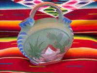 Mexican vintage pottery and ceramics and Mexican vintage folk art, an opaco (flatware) canteen (or wedding vase) with wonderful scenes, from Tonala, c. 1920-30's. Photo of the second side of the canteen.