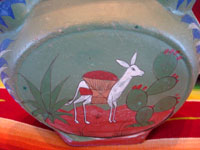 Mexican vintage pottery and ceramics and Mexican vintage folk art, an opaco (flatware) canteen (or wedding vase) with wonderful scenes, from Tonala, c. 1920-30's. A closeup photo of the burro on the front of the canteen.
