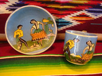 AE-1: Mexican vintage pottery and ceramics, a tea-cup and saucer with incredibly fine artwork, featuring a lovely Charra, dressed in her China Poblana costume, doing the famous dance, El Jarabe Tapatio, Tlaquepaque or Tonala, Jalisco, c. 1930. Main photo.